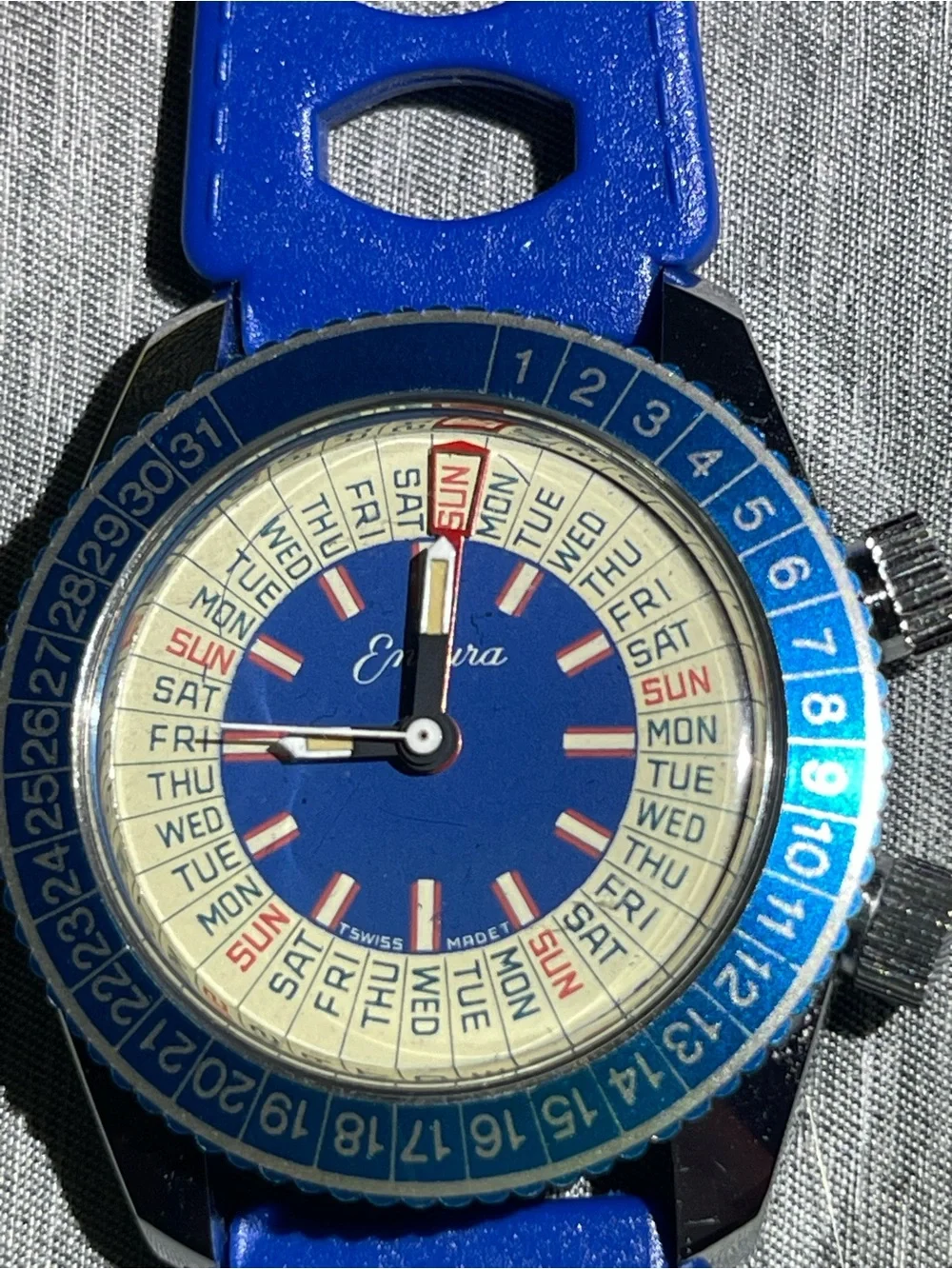 Vintage 1970 Endura PermaDate Calendar Watch Blue NOS Working W Box, Paper & Pad
